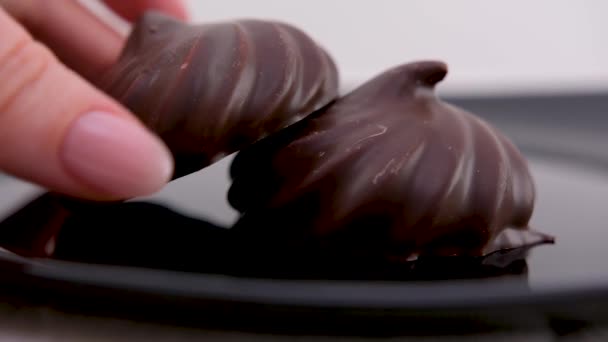 Darabokra Vágott Fehér Krémes Mályvacukor Tejcsokoládéban Ízletes Kelet Európai Édességek — Stock videók