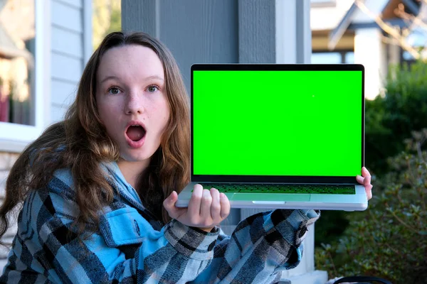 Joy Surprise Happiness Girl Holding Laptop Green Screen Chroma Key — Stock Photo, Image