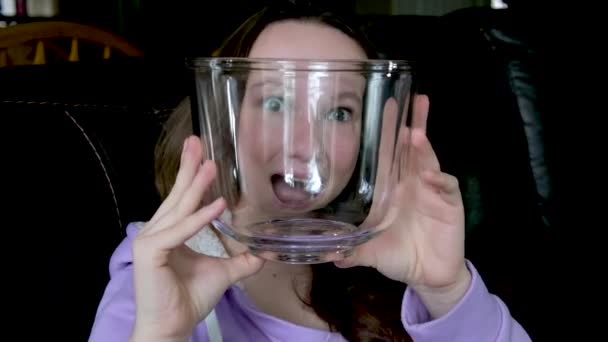 Girl Playing Glass Bottle Teenager Girl Looking Bulging Eyes Opening — Stock Video