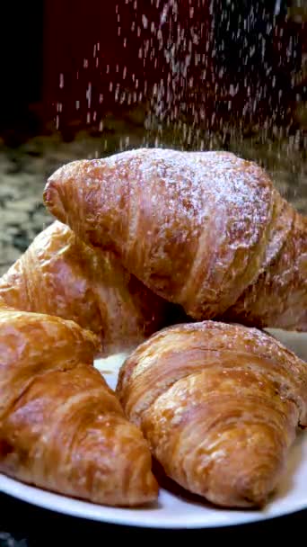 Dolly Shot Close Sprinkle Icing Sugar Sweet Croissant Placed Black — Stock Video