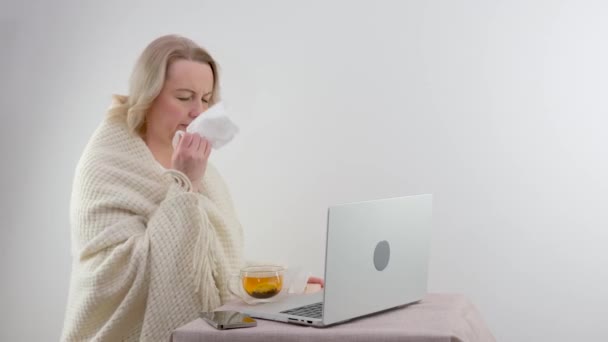 Ill Allergic Young Woman Sneezing Tissue Blowing Running Nose Sick — Stock Video