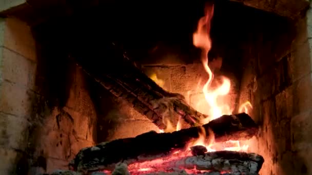 Nahaufnahme Eines Lagerfeuers Das Nachts Von Brennenden Steinen Umgeben Ist — Stockvideo