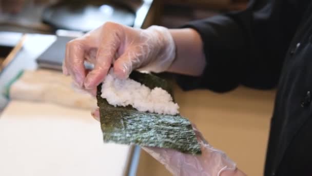Chef Cooking Rice Delicious Sushi Asian Restaurant Cook Puts Slice — Stock Video