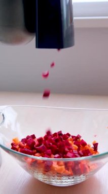 Gıda işlemcisi, pancarı cam bir tabakta küp şeklinde kesiyor. Dikey video teknolojisi Borscht vinaigrette ve diğer Ukrayna Avrupa ülkeleri için sebze pişiriyor. 