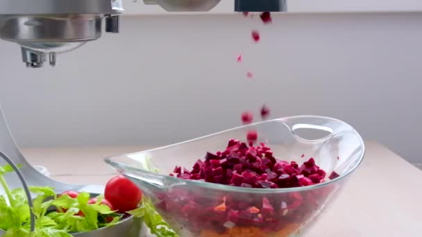 Robot Culinaire Coupe Betterave Cubes Dans Une Plaque Verre Verticale — Video