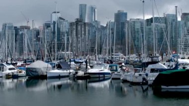 Stanley Park Vancouver Kanada 2023 pahalı gökdelenler marina gezileri, marina gezileri Pasifik Okyanusu. Kameralar yavaşça yüzüyor.