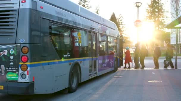 Bushalte Wachtrij Van Mensen Die Bus Staan Openbaar Vervoer Zonsondergang — Stockvideo