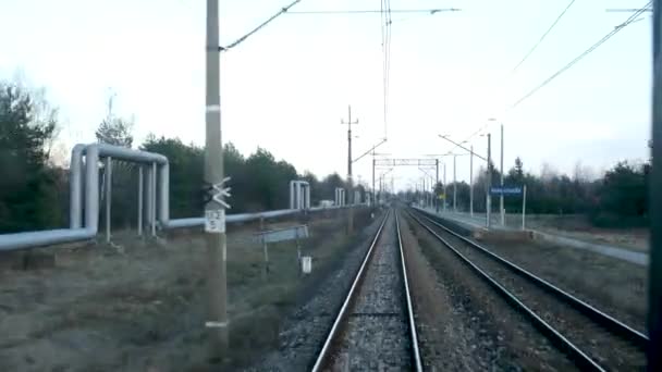 Treno Parte Przemysl Varsavia Passa Vari Villaggi Primavera Inverno Senza — Video Stock