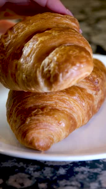 Closeup Delicious Appetizing Fresh Crunchy Croissants Sprinkled Powdered Sugar Marble — Stock Video