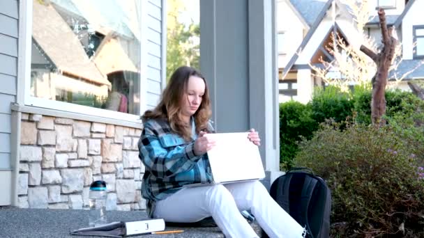 Girl Finished Studies Sitting Porch Closes Laptop Leans Looks Side — Stock Video