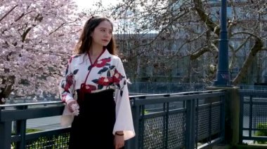 Gezgin kız, Vancouver 'da, Kanadalı kiraz çiçeklerinin arka planında saçlarını tarayan güzel Doğulu genç bir kız, demir köprünün üzerinde, sakura çiçek bahçesinde yürüyor.