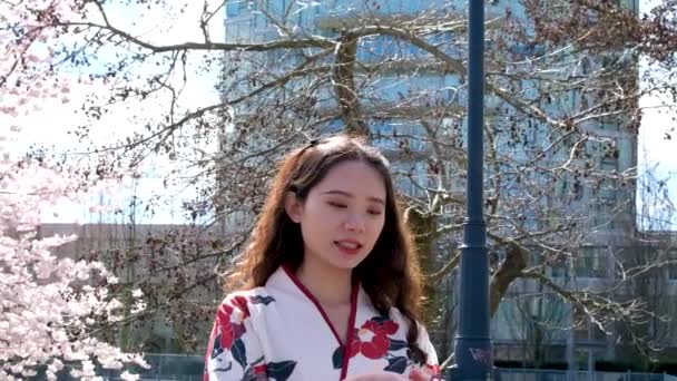 Jovem Bela Menina Japonesa Vestindo Quimono Tradicional Agindo Uma Câmera — Vídeo de Stock