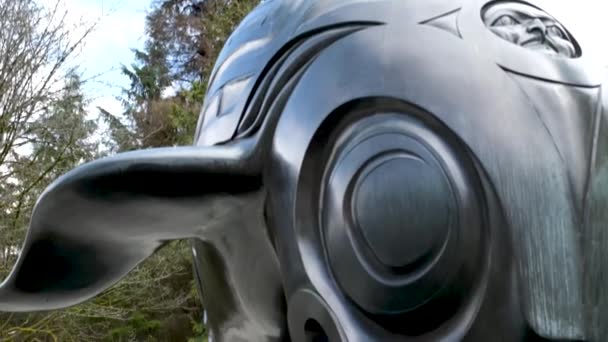 加拿大温哥华不列颠哥伦比亚省斯坦利公园温哥华水族馆入口处 艺术家比尔 雷德设计的海底世界青铜雕像的负责人 杀手鲸 — 图库视频影像
