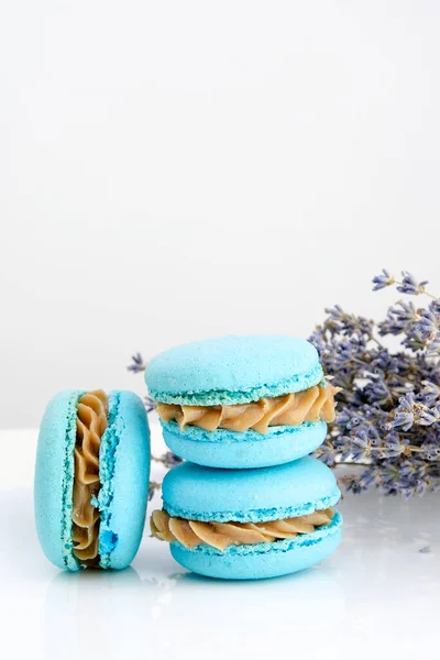 Uma Vista Frontal Donuts Chocolate Juntamente Com Macarons Franceses Azuis — Fotografia de Stock