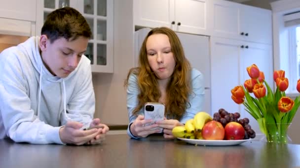 お友達と会う男の子女の子言葉を携帯電話通信楽しいを保持しているテーブル寿司フルーツの花最初のデート楽しい時間愛ティーネージャー優しさを読むSms物語を伝える — ストック動画