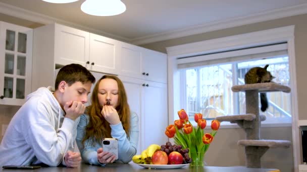 多种族青少年学生在智能手机上看有趣的视频 白俄罗斯青少年学生在手机上为网络日志制作视频 男孩和女孩都在忙着打电话 — 图库视频影像