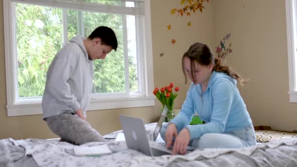十代の弟姉妹研究オンラインに学校で同じ部屋に一緒に座っているラップトップコンピュータの近くに美しい明るい部屋本物の人々インターネット研究Erudite — ストック動画