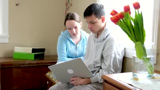 온라인상에서 남동생 앉아서 시간을 보내는 컴퓨터로 소녀를 — 비디오