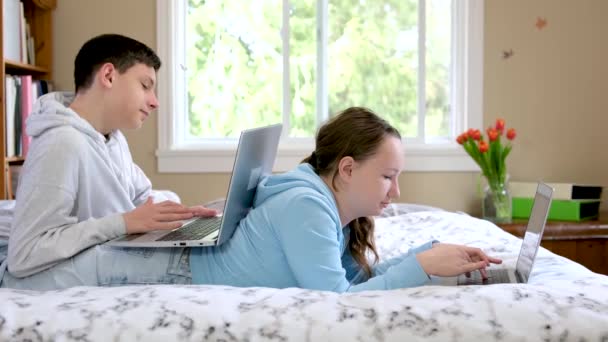 Online Učení Teenageři Chlapec Dívka Sedí Blízkosti Notebooku Dělá Domácí — Stock video
