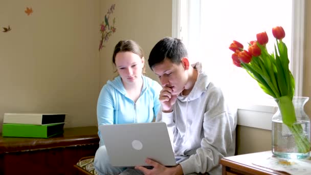 Pareja Joven Firmando Documentos Juntos Mientras Están Sentados Sofá Casa — Vídeos de Stock