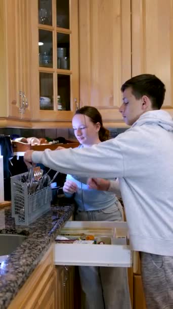 男の子と女の子十代の若者たちローンチザ 食器洗い機で家の中のキッチンヘルプホーム兄弟姉妹友人クラスメイト最初の愛ケアのために女の子 — ストック動画
