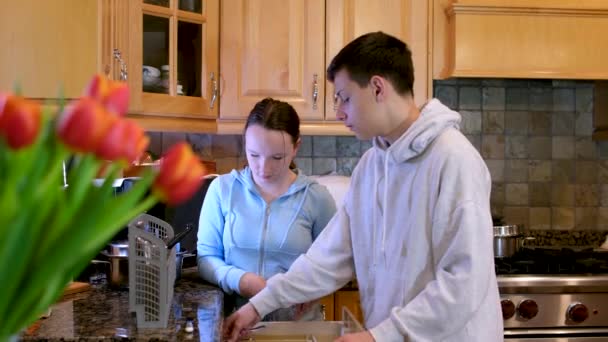 Мальчик Девочка Подростки Разгрузить Посудомоечную Машину Доме Кухня Помощь Дому — стоковое видео