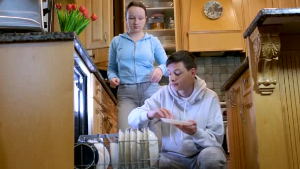 男孩子和女孩子男孩子们把洗碗机卸在家里厨房帮忙 在家里的哥哥姐姐朋友同学们同学们对女孩子的爱 — 图库视频影像