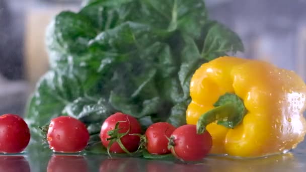 Super Slow Motion Shot Flying Cuts Colorful Vegetables Water Drops — Wideo stockowe