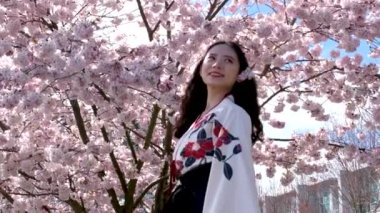Kimono giyen genç Asyalı kadın. Kiraz çiçekleri. Geleneksel Japon kıyafetleri. Yüksek kalite 4k görüntü