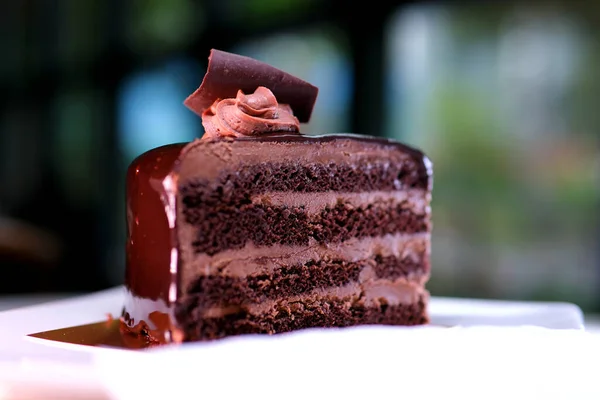 在布拉格咖啡店里的黑巧克力芝士蛋糕在巧克力特写中切块蛋糕很多奶油黑饼漂亮的视频广告空间为文本餐厅提供白盘上的服务 — 图库照片