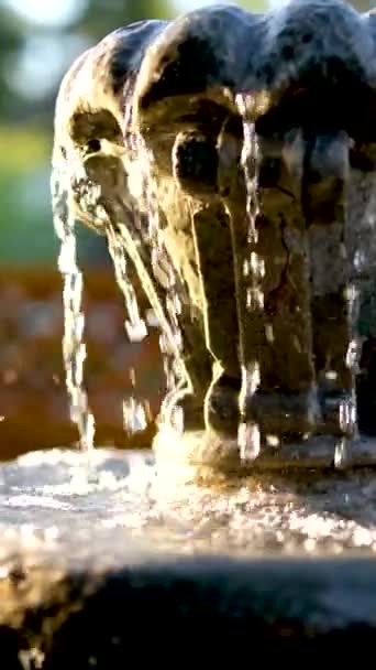 夕日の噴水からの水の滴を隠しました スローモーション 噴水の空気中の水の滴 ボケに焦点を当てた 高品質 — ストック動画