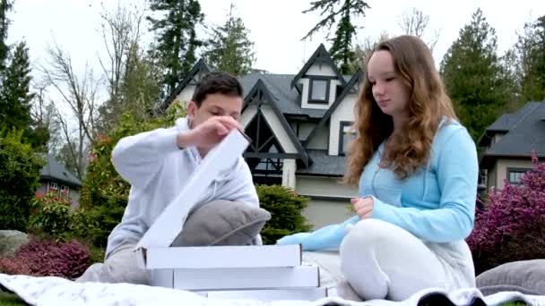 Piquenique Livre Grama Verde Cobertor Meninos Menina Abrir Uma Caixa — Vídeo de Stock