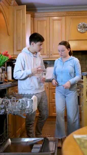 Legen Geschirr Aus Geschirrspüler Teenager Jungen Mädchen Helfen Eltern Hause — Stockvideo