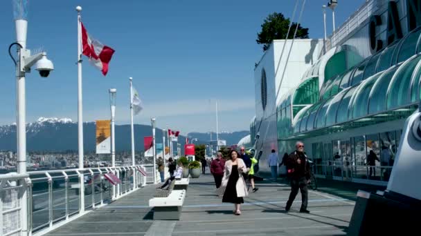 Canada Place Vancouver Canada 2023 Реальные Люди Гуляющие Улицам Небоскребов — стоковое видео
