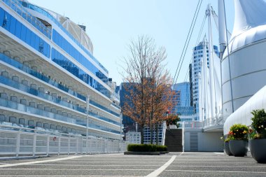 Vancouver Kanada kıyılarında büyük bir yolcu gemisi duruyor Pasifik Okyanusu üzerinde dalgalanan bayrak şehri güzel bir şekilde görüyor Kanada 2023