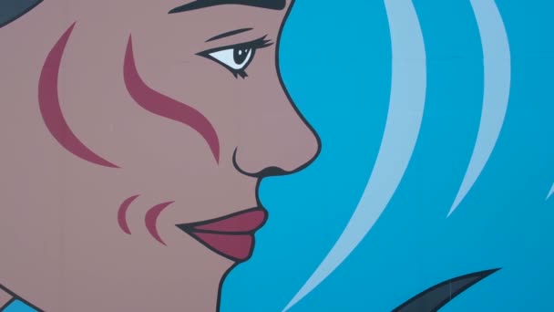 Kobiety Twarz Rysunek Ścianie Niebieski Tło Syrena Port Kanada Miejsce — Wideo stockowe