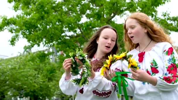 2美しいウクライナの女の子織り花輪刺繍シャツ緑の自然は近くに家に座っていますウクライナのエンターテイメントパーティーで休息通信歌を歌う国家儀式笑顔トーク — ストック動画