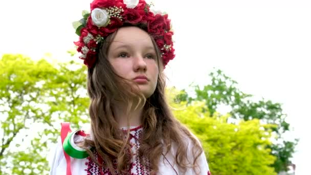 美しい強い勇敢なウクライナの若い女性の赤い花輪の刺繍シャツの花のリボンで髪の緑の木の背景に立っている距離に真剣に力に見える栄光 — ストック動画