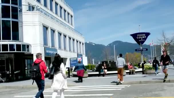 Emberek Hátizsákos Tornacipőben Séta Töltés Kikötői Autók Taxi Buszok Ragyogó — Stock videók