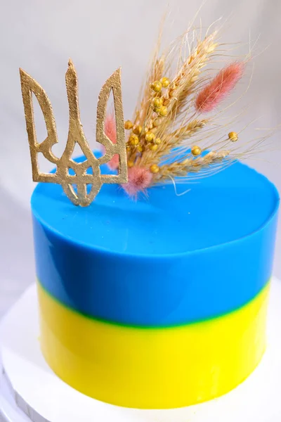 以乌克兰国旗 黄色和蓝色为形式的蛋糕 用乌克兰国徽装饰成美味的蛋糕 用小米和麦片装饰成美味的水果甜点 — 图库照片
