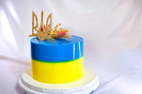 以乌克兰国旗 黄色和蓝色为形式的蛋糕 用乌克兰国徽装饰成美味的蛋糕 用小米和麦片装饰成美味的水果甜点 — 图库照片
