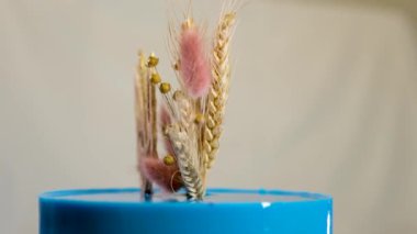 Ukrayna bayrağı şeklinde pasta. Sarı ve mavi katmanlı. Ukrayna arması, darı ve buğday başaklarıyla lezzetli bir pasta süslemesi.