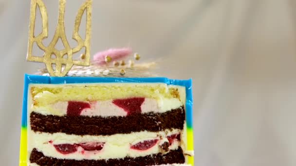 ウクライナの国旗の形でケーキ黄色と青の層のプロセスは アワと小麦のスパイクでウクライナの腕のコートでおいしいケーキの装飾を作るおいしいフルーツデザートを充填 — ストック動画
