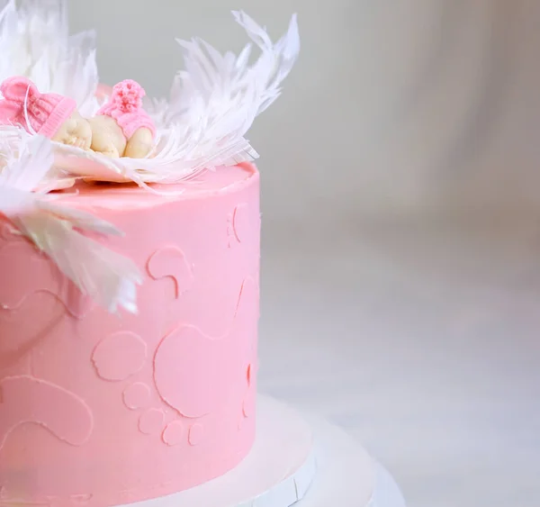 가족들 분홍색 케이크 장식을 아이의 발자국이 분홍색 기저귀를 아이는 케이크의 — 스톡 사진