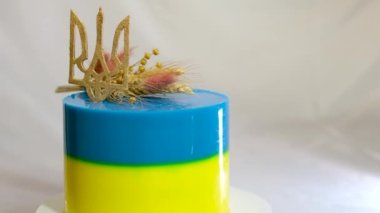 Ukrayna bayrağı şeklinde pasta. Sarı ve mavi katmanlı. Ukrayna arması, darı ve buğday başaklarıyla lezzetli bir pasta süslemesi.