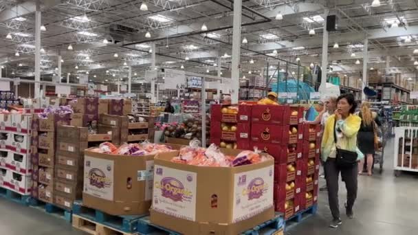 コストコ食料品の卸売スーパーマーケットは 商品のショッピングを拾う大きなカートに行くカナダバンクーバーBc 2023 — ストック動画