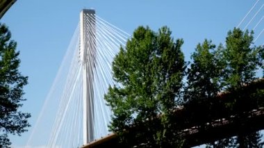 BC 'nin alt tarafındaki Fraser Nehri üzerindeki iskele köprüsü Kanada. Yakından bakınca büyük beyaz gerilmiş kablolar büyük bir köprü tutuyor. Coquitlam Limanı, Büyük Vancouver, British Columbia, Kanada 2023