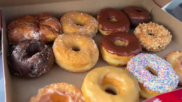 도넛의 커다랗고 상자에는 대조적 있습니다 캐나다 밴쿠버 2023 자동차 앞쪽에 — 비디오