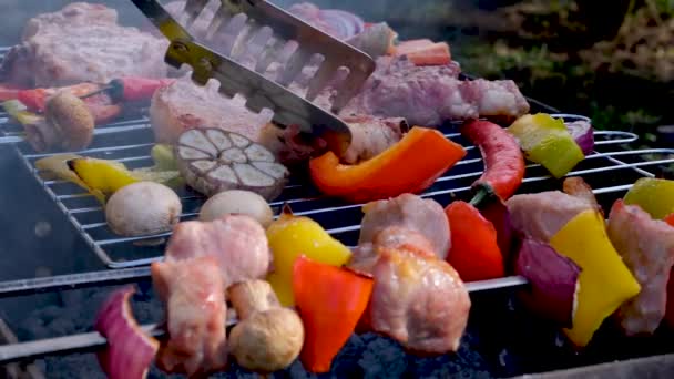 Mięso Warzywa Smażone Szaszłykach Zamknij Drzwi Wysokiej Jakości Materiał — Wideo stockowe