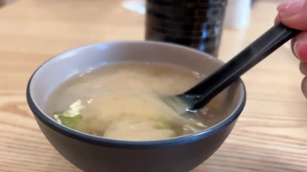 Misosoppa Med Tofu Och Alger Brun Japansk Skål — Stockvideo